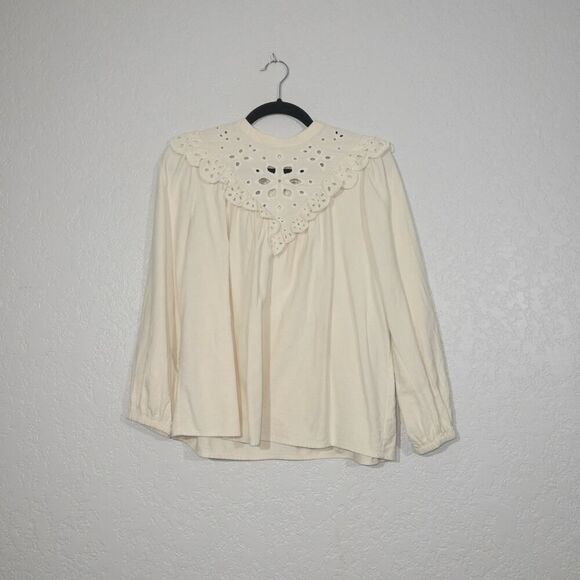 Madewell Cream Embroidered Flannel Mockneck Top Size Small - Picture 3 of 9